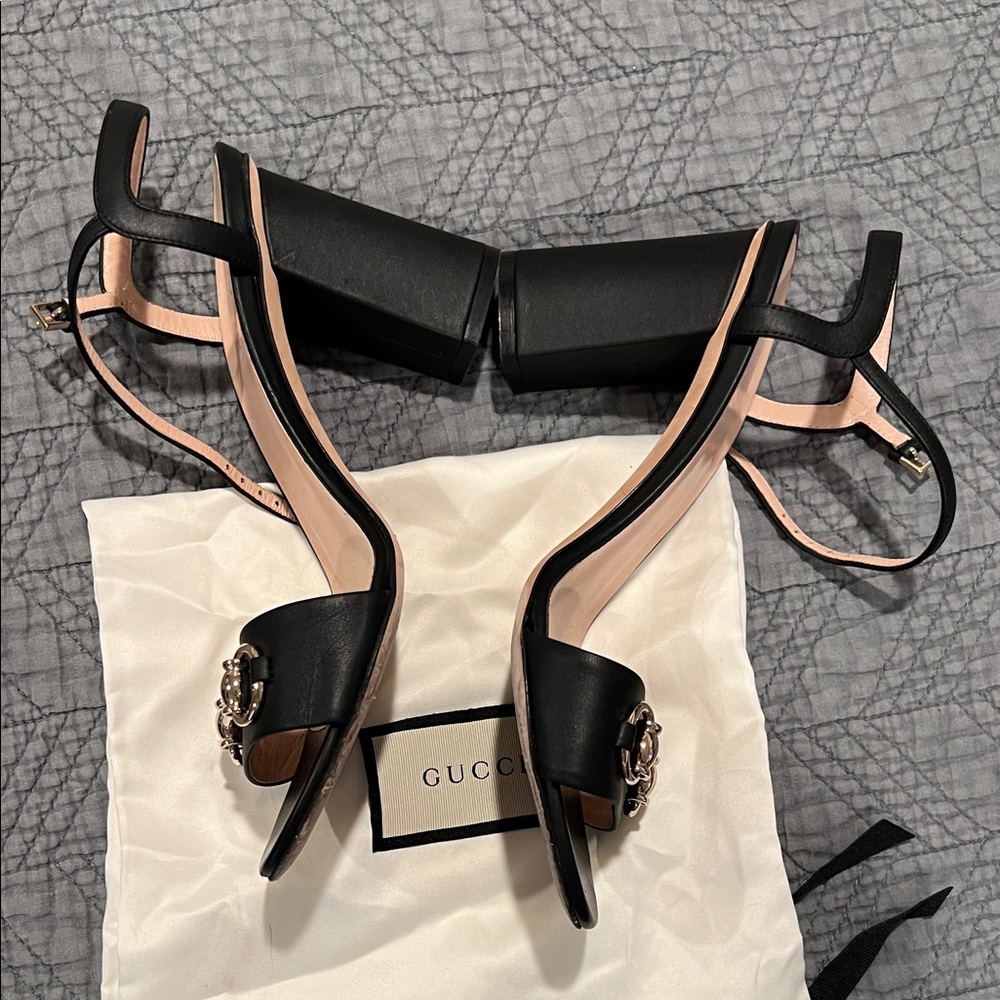 Gucci Black Leather Heeled Sandals with Silver Accents - Picture 2 of 5